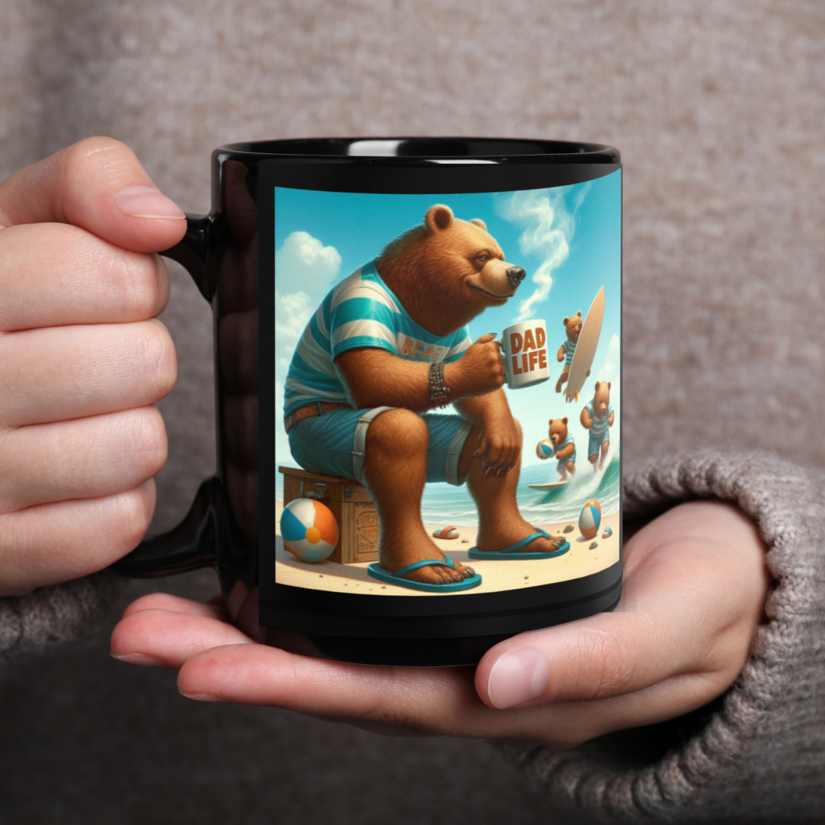 Dad Life Mug collection featuring Boss Beach Bear design, with a single mug being held by the handle and with one hand under the bottom. Black, handle left.