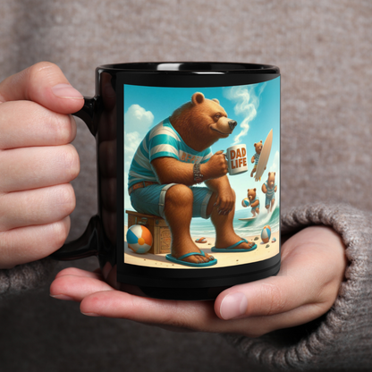 Dad Life Mug collection featuring Boss Beach Bear design, with a single mug being held by the handle and with one hand under the bottom. Black, handle left.