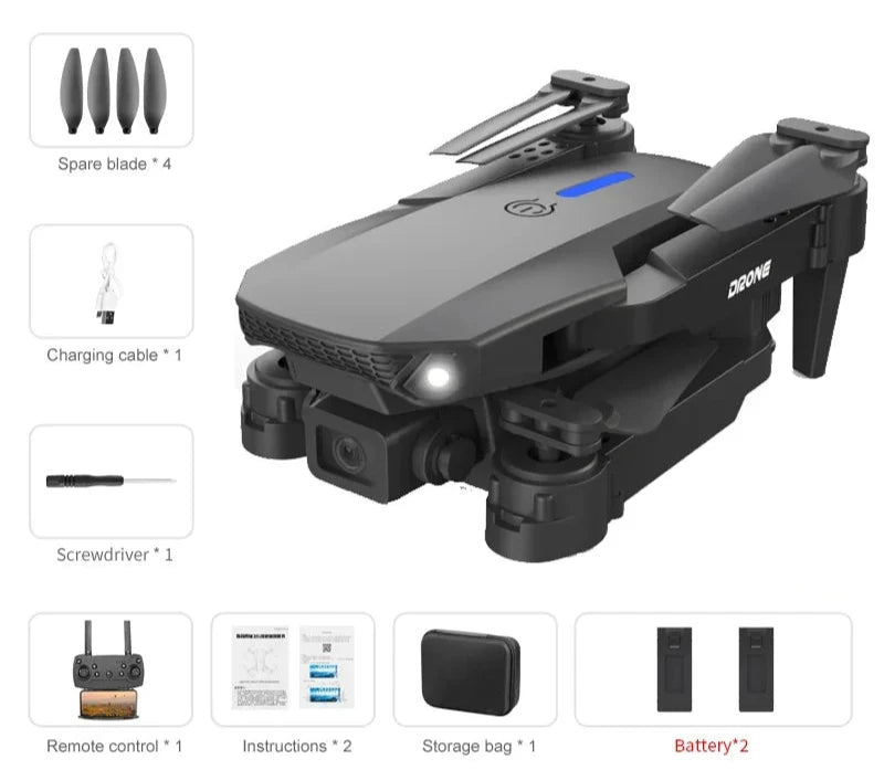 E Foldable Quadcopter 4K Camera Drone 2 Battery included main product photo with pictures of what is included in package (drone, 4 spare blades, charging cable, screwdriver, remote control, instructions, storage bag, and 2 batteries).