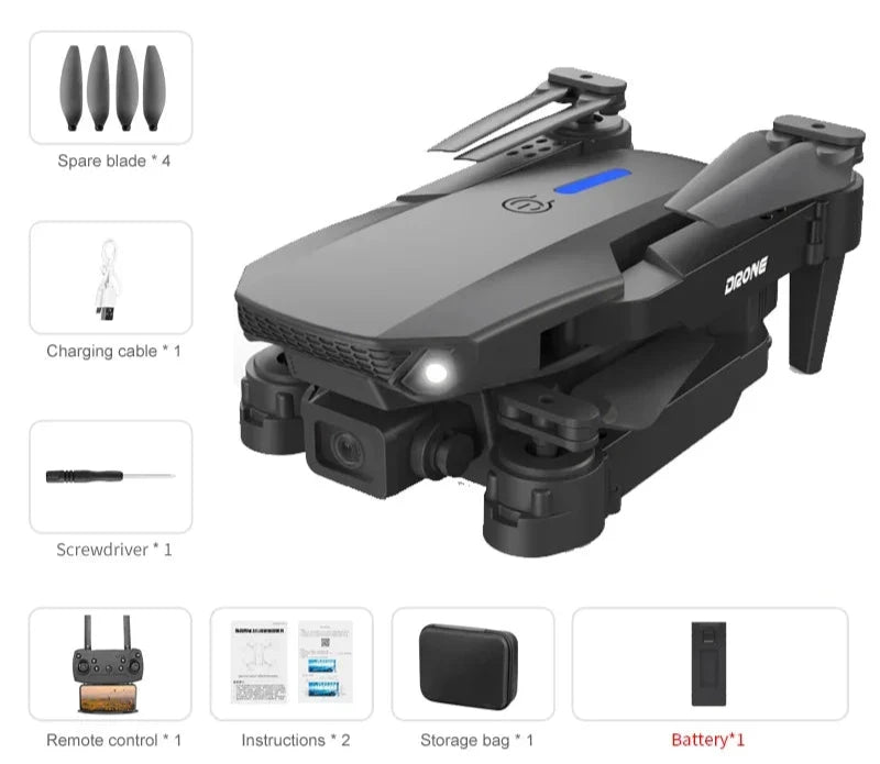 E Foldable Quadcopter 4K Camera Drone 1 Battery included main product photo with pictures of what is included in package (drone, 4 spare blades, charging cable, screwdriver, remote control, instructions, storage bag, and 2 batteries).