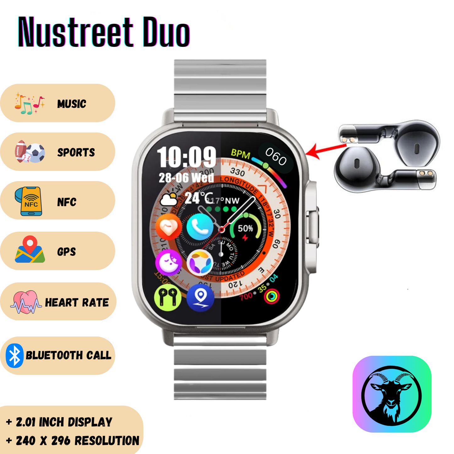 Reloj inteligente con auriculares Nustreet Duo