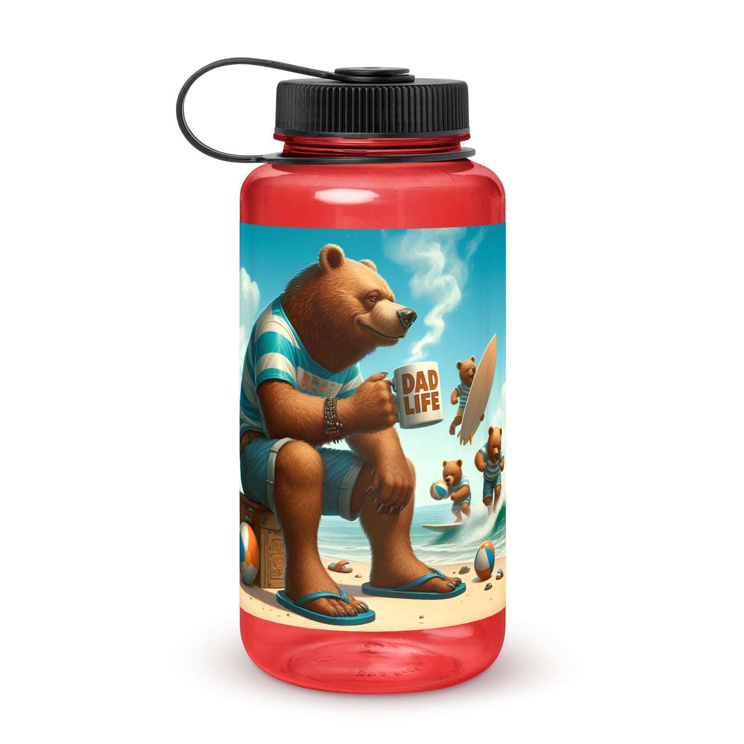 Red Dad Life 32 oz Plastic Water Bottle featuring Boss Beach Bear design with a bear holding a 'Dad Life' mug on the beach. Front.