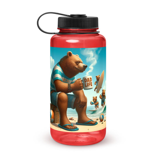 Red Dad Life 32 oz Plastic Water Bottle featuring Boss Beach Bear design with a bear holding a 'Dad Life' mug on the beach. Front.