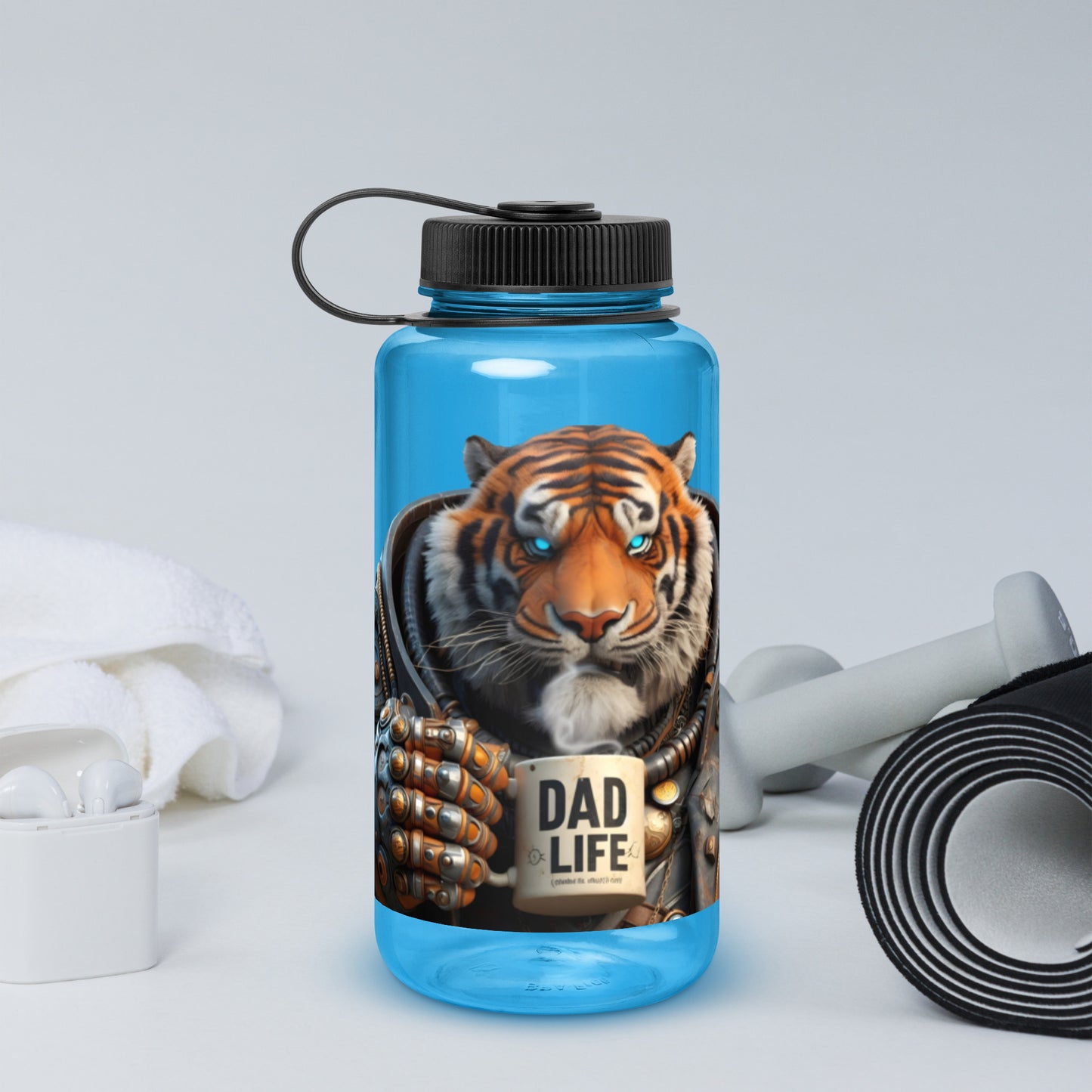 Blue Dad Life 32 oz Plastic Water Bottle featuring Tiger Beast design with a tiger holding a 'Dad Life' mug. Front.