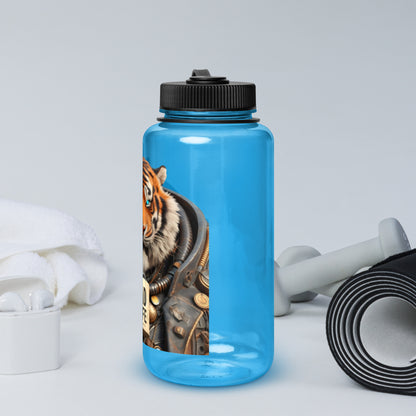 Blue Dad Life 32 oz Plastic Water Bottle featuring Tiger Beast design with a tiger holding a 'Dad Life' mug. Left Side.