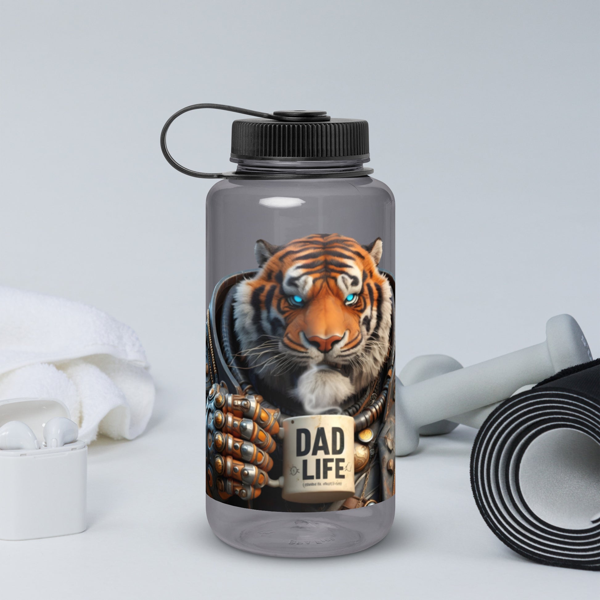 Charcoal Dad Life 32 oz Plastic Water Bottle featuring Tiger Beast design with a tiger holding a 'Dad Life' mug. Front.