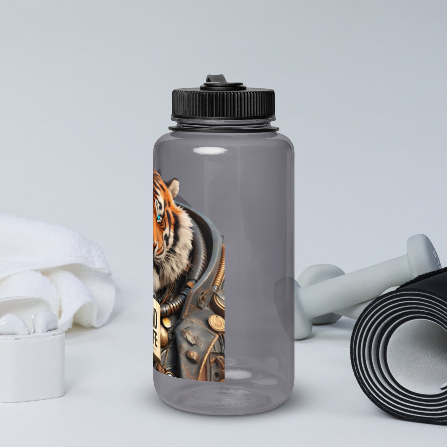 Charcoal Dad Life 32 oz Plastic Water Bottle featuring Tiger Beast design with a tiger holding a 'Dad Life' mug. Left Side.