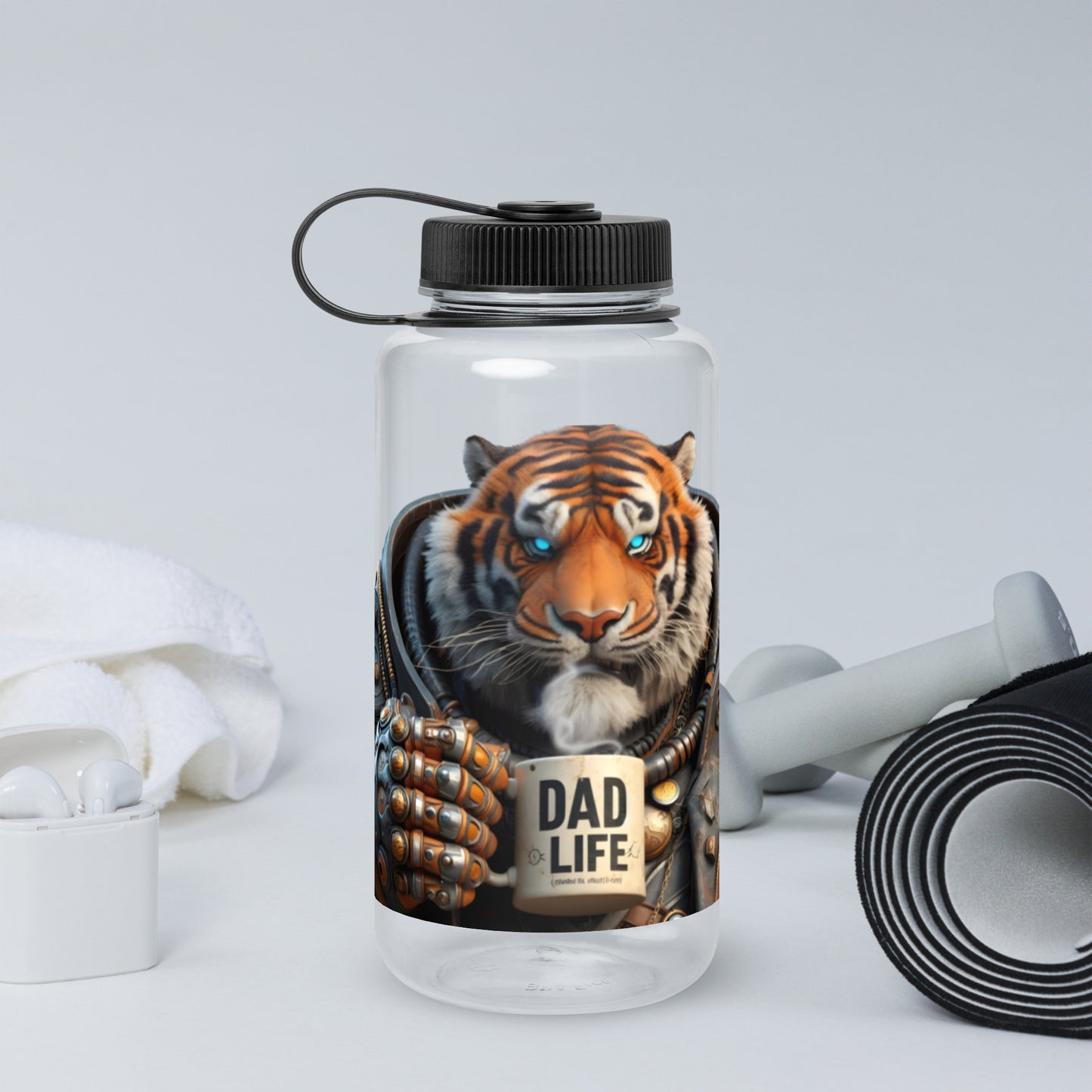 Clear Dad Life 32 oz Plastic Water Bottle featuring Tiger Beast design with a tiger holding a 'Dad Life' mug. Front.