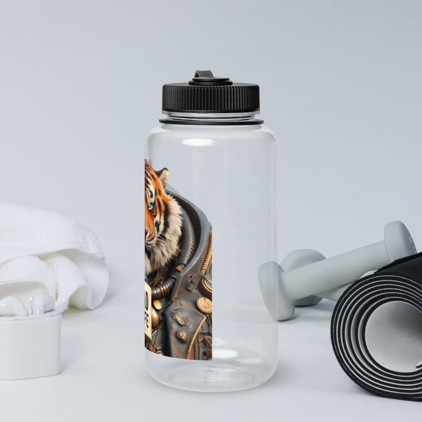 Clear Dad Life 32 oz Plastic Water Bottle featuring Tiger Beast design with a tiger holding a 'Dad Life' mug. Left Side.