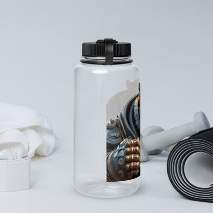 Clear Dad Life 32 oz Plastic Water Bottle featuring Tiger Beast design with a tiger holding a 'Dad Life' mug. Right Side.