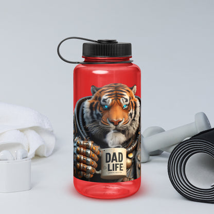 Red Dad Life 32 oz Plastic Water Bottle featuring Tiger Beast design with a tiger holding a 'Dad Life' mug. Front.