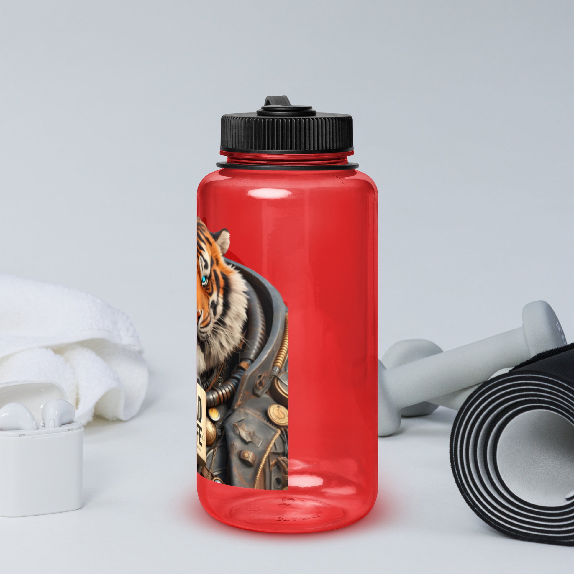 Red Dad Life 32 oz Plastic Water Bottle featuring Tiger Beast design with a tiger holding a 'Dad Life' mug. Left Side.