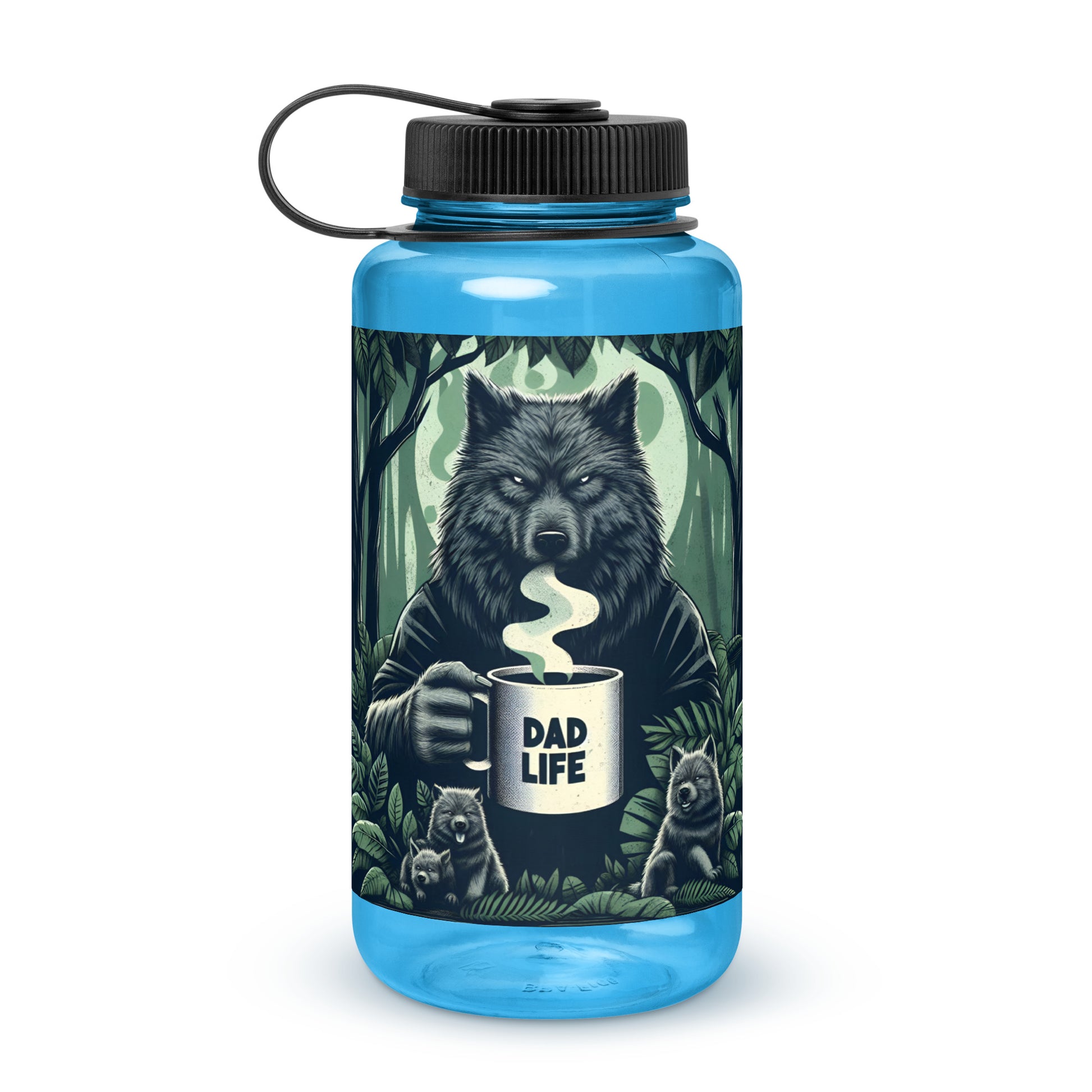 Blue Dad Life 32 oz Plastic Water Bottle featuring Wolf Pack Leader design with a wolf holding a 'Dad Life' mug in a forest setting. Front.