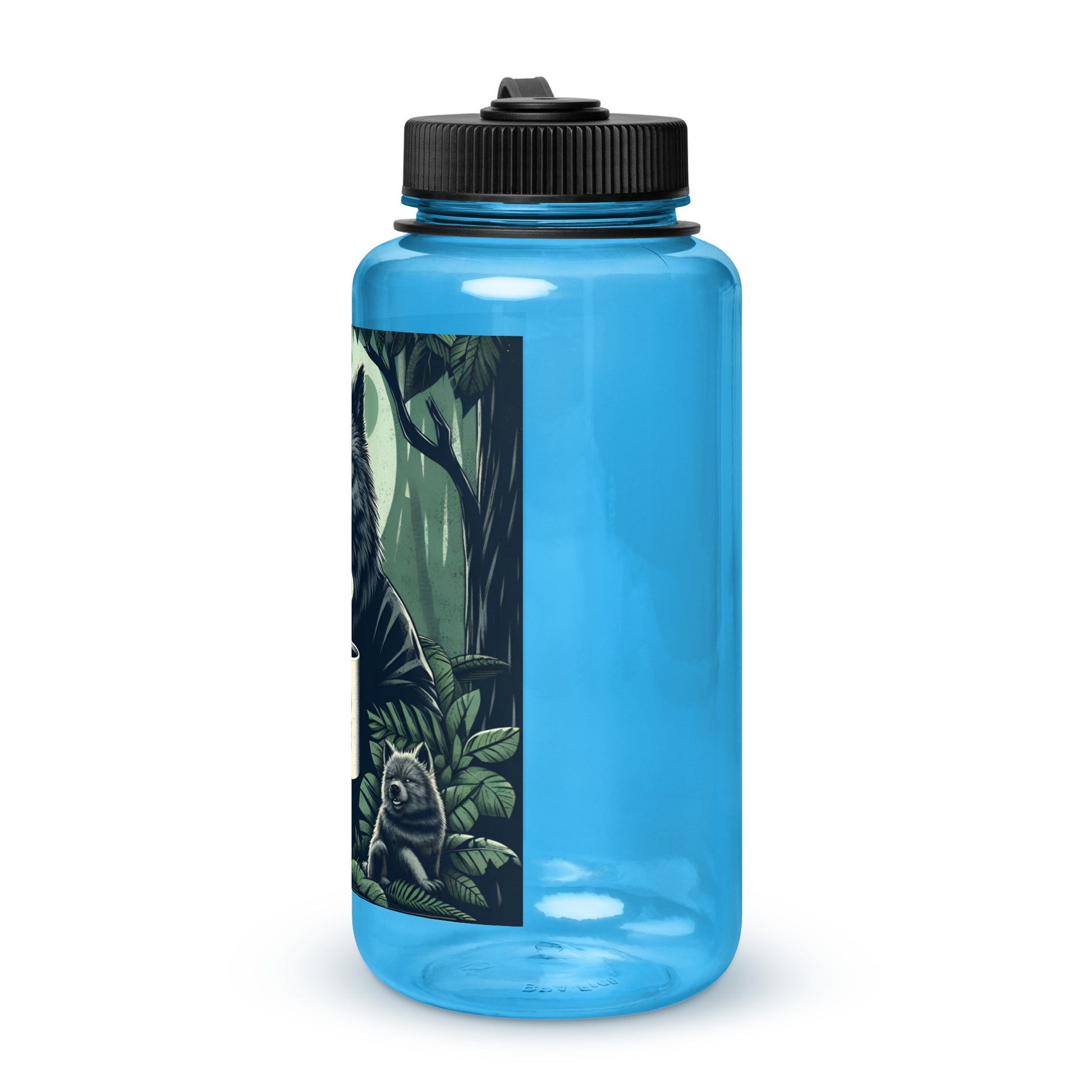 Blue Dad Life 32 oz Plastic Water Bottle featuring Wolf Pack Leader design with a wolf holding a 'Dad Life' mug in a forest setting. Left Side.