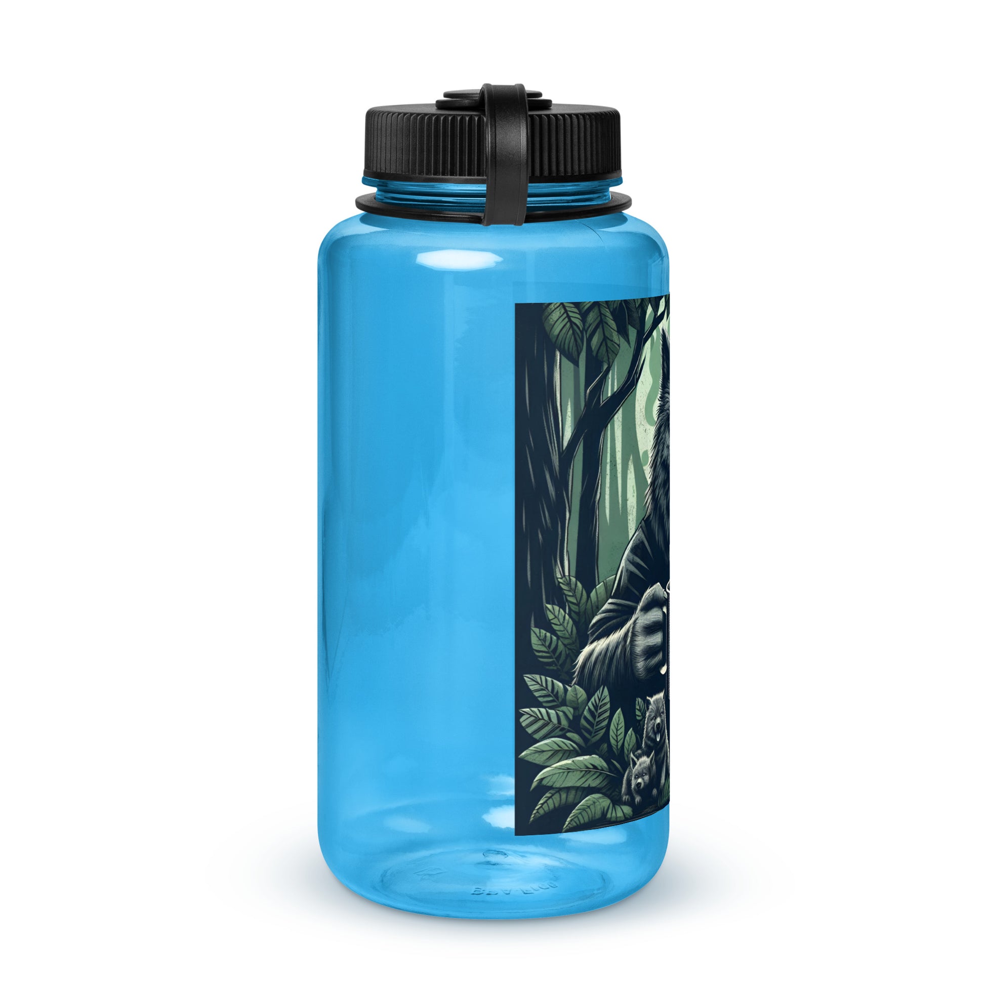 Blue Dad Life 32 oz Plastic Water Bottle featuring Wolf Pack Leader design with a wolf holding a 'Dad Life' mug in a forest setting. Right Side.