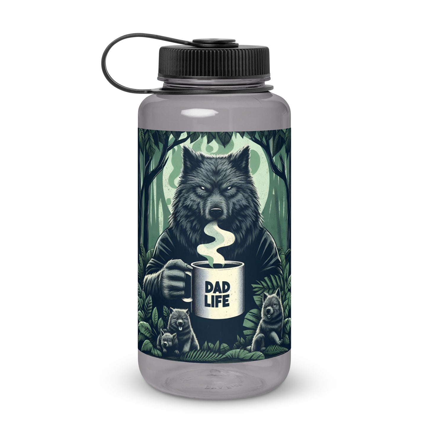 Charcoal Dad Life 32 oz Plastic Water Bottle featuring Wolf Pack Leader design with a wolf holding a 'Dad Life' mug in a forest setting. Front.