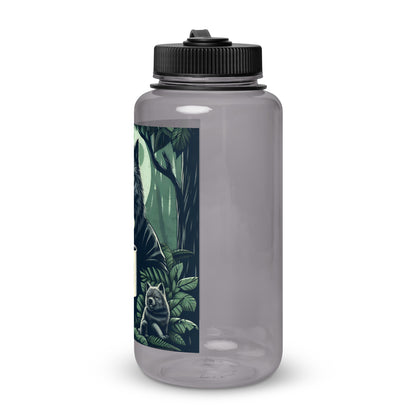 Charcoal Dad Life 32 oz Plastic Water Bottle featuring Wolf Pack Leader design with a wolf holding a 'Dad Life' mug in a forest setting. Left Side.