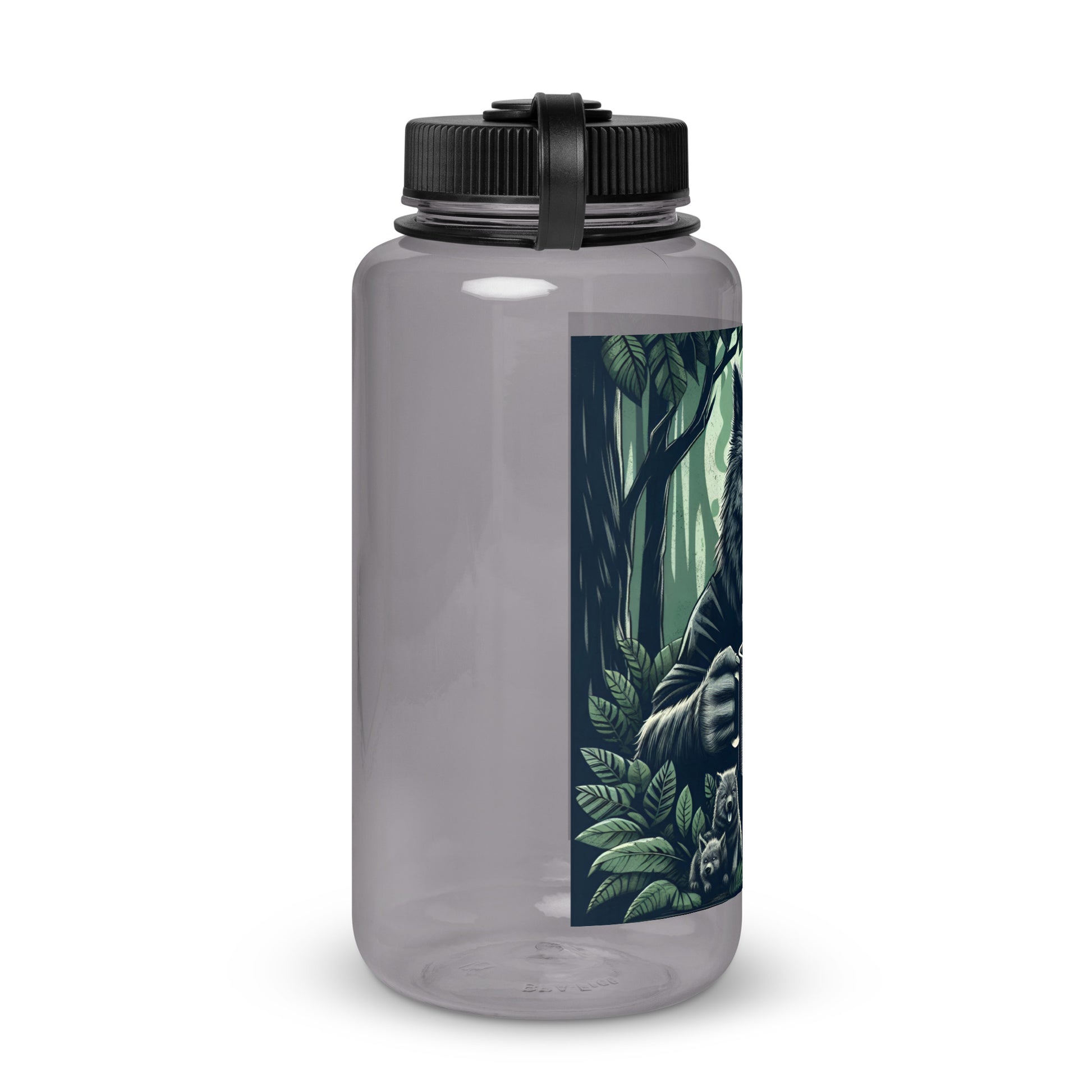 Charcoal Dad Life 32 oz Plastic Water Bottle featuring Wolf Pack Leader design with a wolf holding a 'Dad Life' mug in a forest setting. Right Side.