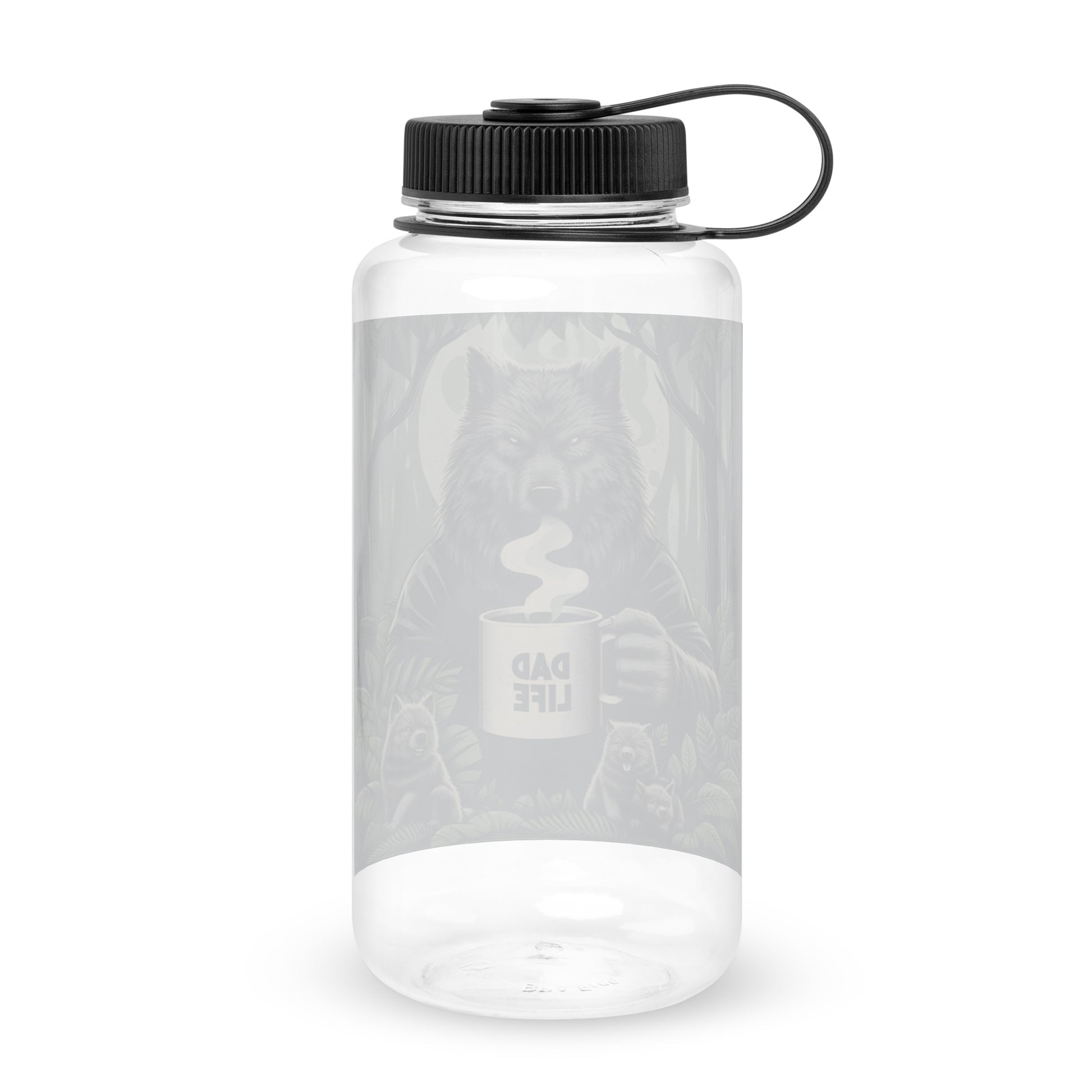 Clear Dad Life 32 oz Plastic Water Bottle featuring Wolf Pack Leader design with a wolf holding a 'Dad Life' mug in a forest setting. Back.