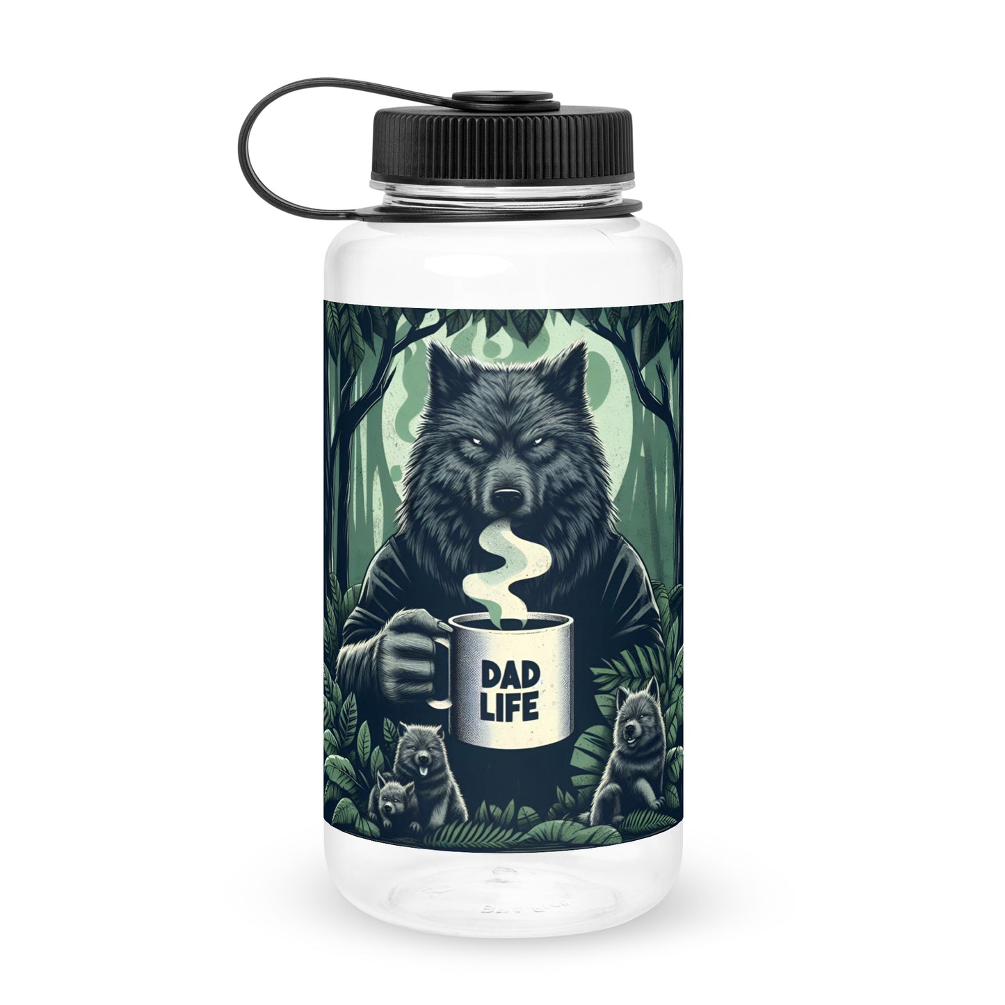 Clear Dad Life 32 oz Plastic Water Bottle featuring Wolf Pack Leader design with a wolf holding a 'Dad Life' mug in a forest setting. Front.