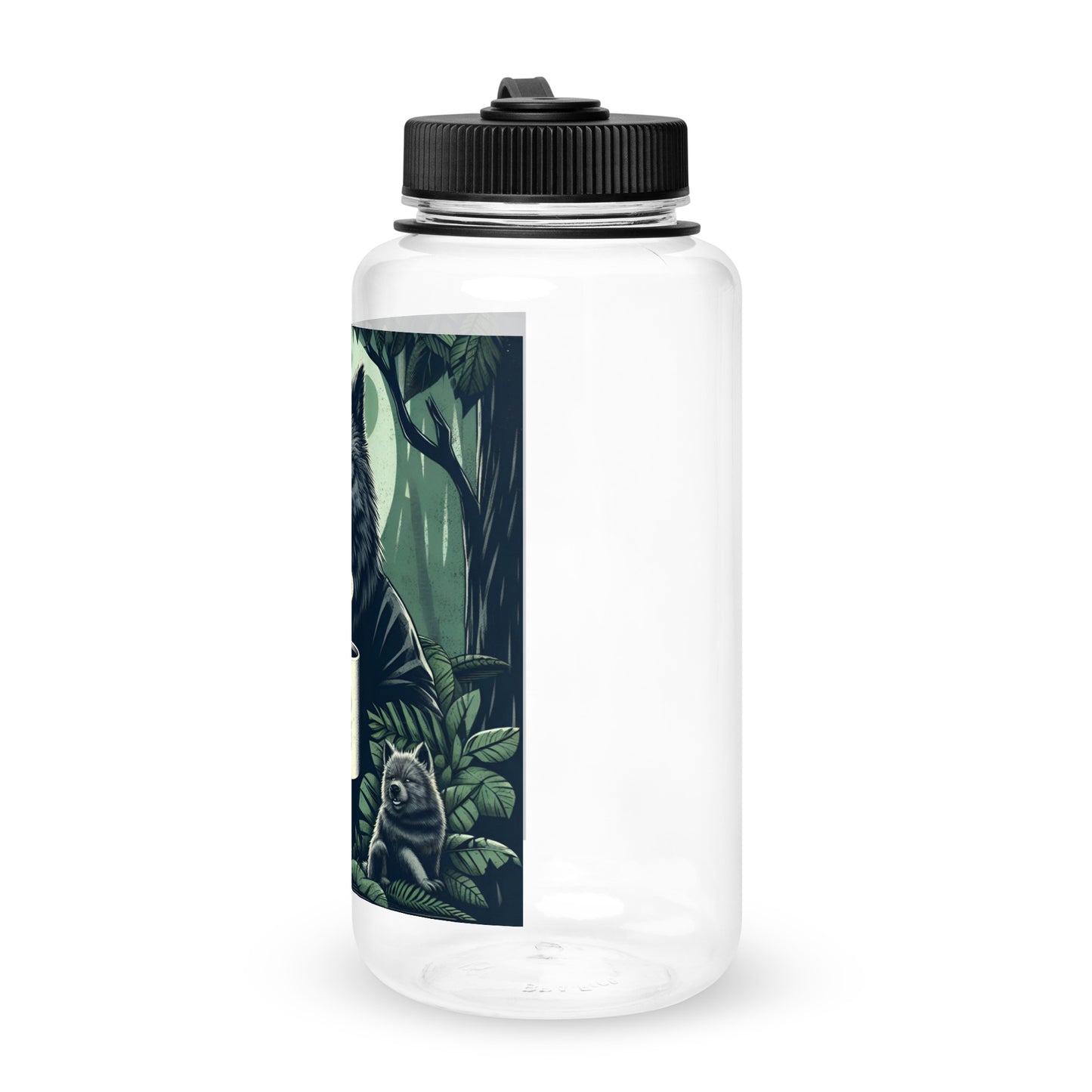 Clear Dad Life 32 oz Plastic Water Bottle featuring Wolf Pack Leader design with a wolf holding a 'Dad Life' mug in a forest setting. Left Side.