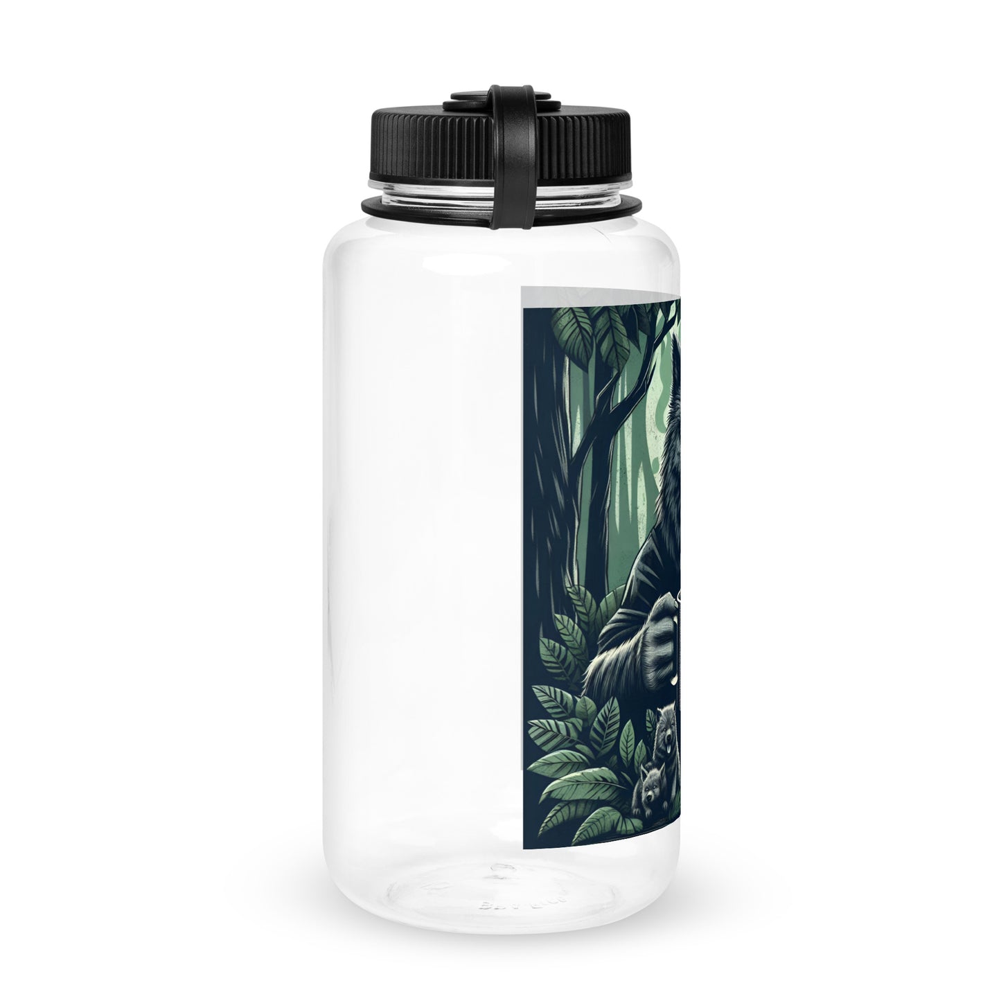 Clear Dad Life 32 oz Plastic Water Bottle featuring Wolf Pack Leader design with a wolf holding a 'Dad Life' mug in a forest setting. Right Side.