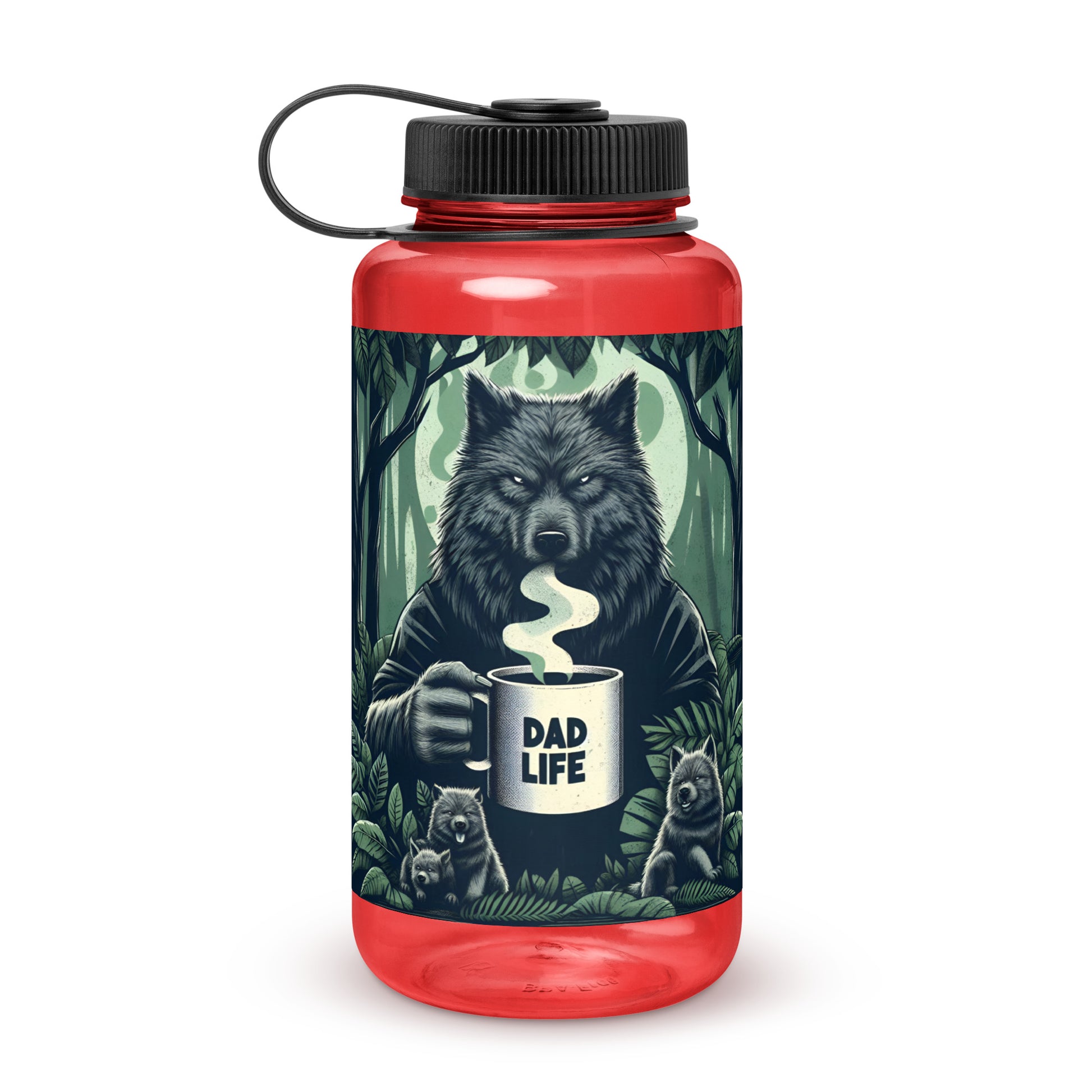 Red Dad Life 32 oz Plastic Water Bottle featuring Wolf Pack Leader design with a wolf holding a 'Dad Life' mug in a forest setting. Front.