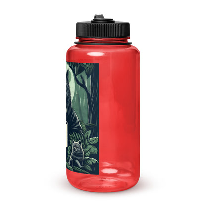 Red Dad Life 32 oz Plastic Water Bottle featuring Wolf Pack Leader design with a wolf holding a 'Dad Life' mug in a forest setting. Left Side.