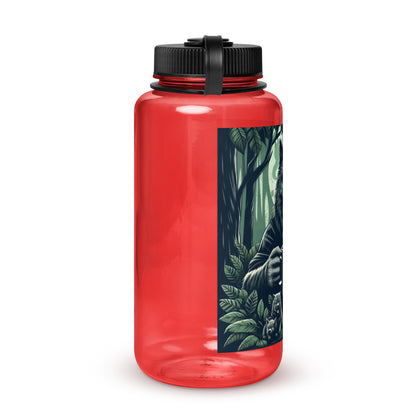 Red Dad Life 32 oz Plastic Water Bottle featuring Wolf Pack Leader design with a wolf holding a 'Dad Life' mug in a forest setting. Right Side.