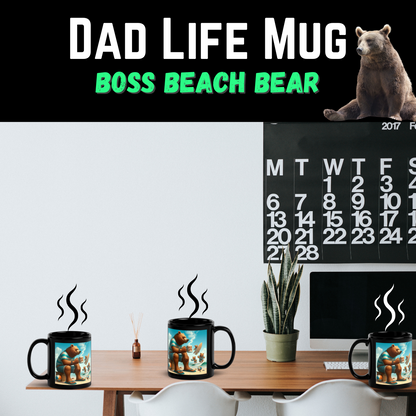 Dad Life Mug collection featuring Boss Beach Bear design, with steaming mugs displayed on a desk. Black.