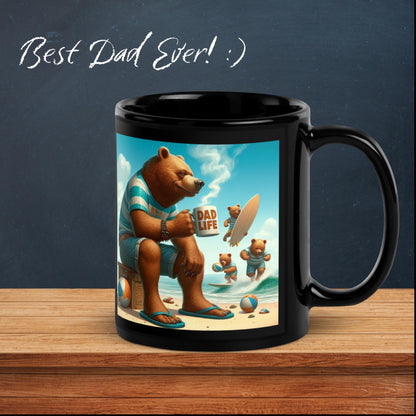 Dad Life Mug featuring Boss Beach Bear design with a bear holding a 'Dad Life' mug on the beach, with 'Best Dad Ever! :)' written on the chalkboard in the background. Black. Handle Right.